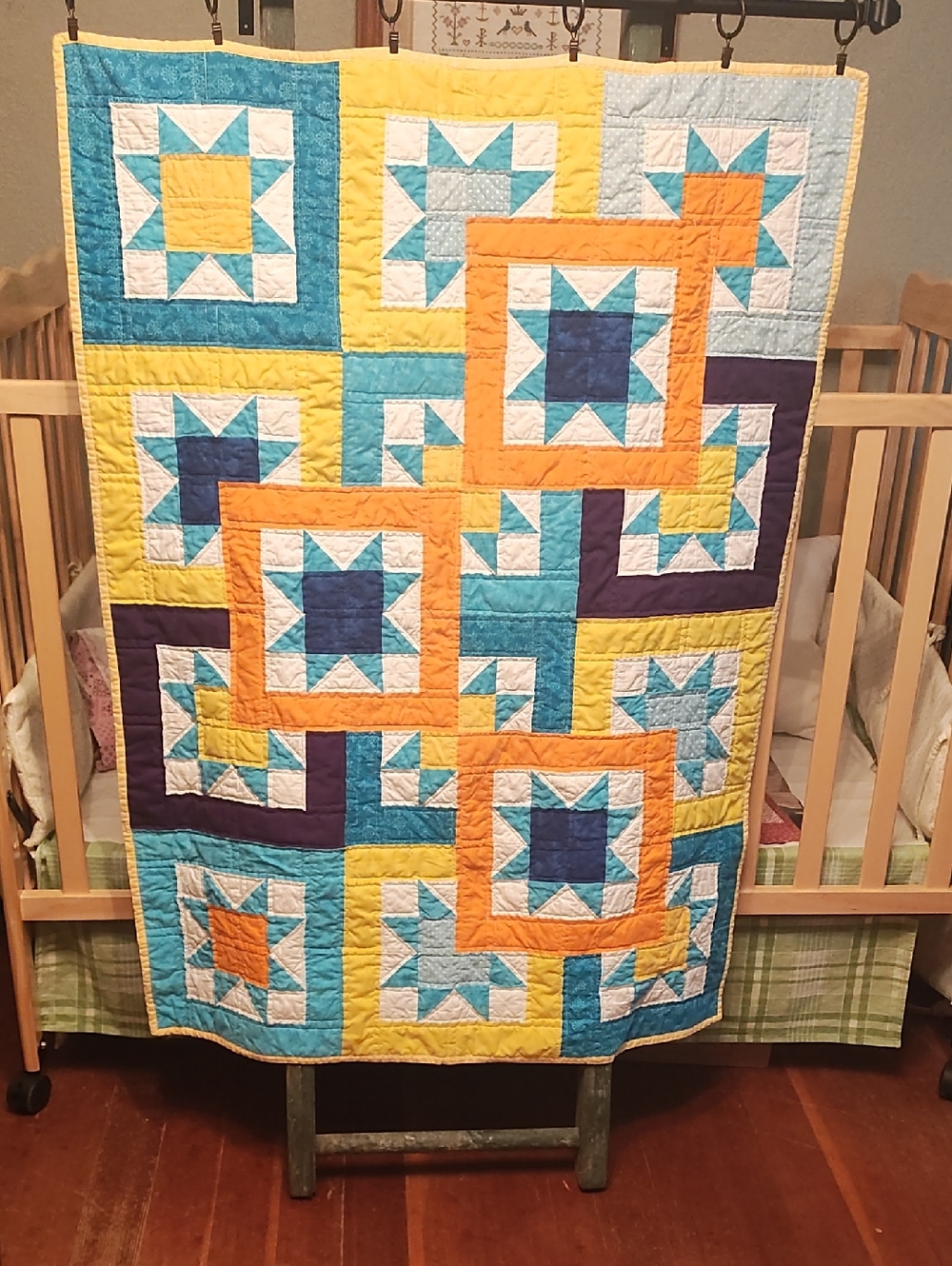 Hand Crafted Bright Star Patchwork Baby Quilt